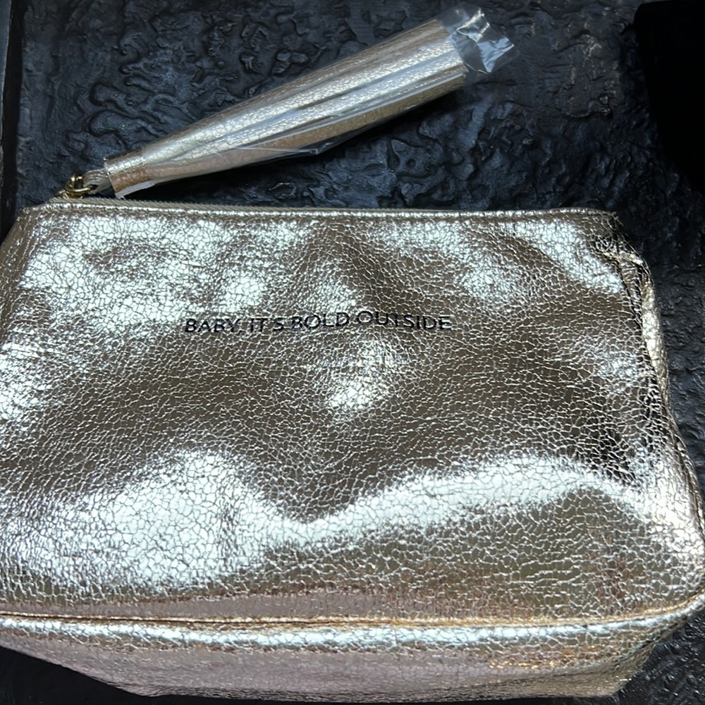 - COSMETIC BAG in GOLD TONE w TASSEL ZIPPER PULL and STATEMENT SAYING - Picture 6 of 6
